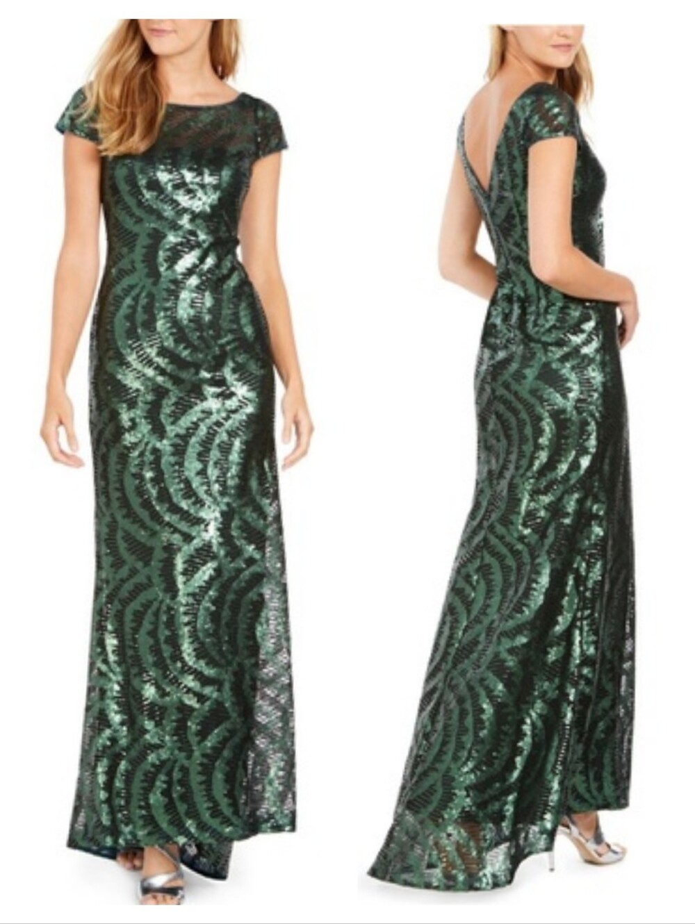 Calvin Klein Women's Cap-Sleeve Sequined V-Back Gown Green Size 2